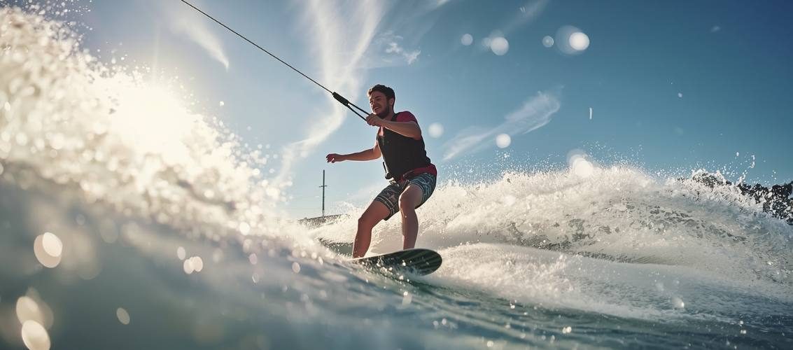 Iniciante praticando wakeboard em cable park em dia ensolarado