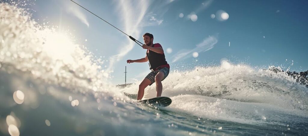Iniciante praticando wakeboard em cable park em dia ensolarado